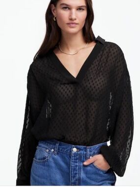 Madewell Black Sheer Swiss Dot V-Neck Blouse size M- Style NT243